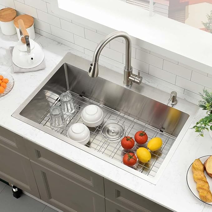 30 Inch Kitchen Sink Drop In,30x18 Drop In Kitchen Sink Top Mount Stainless Steel 18 Gauge Single Bowl Deep Single Bowl Overmount Kitchen Sinks with Soap Dispenser