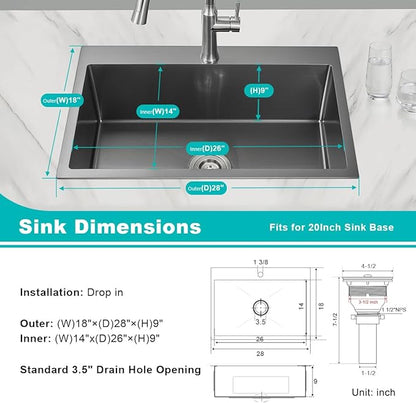 28 x 18 Inch Drop in Kitchen Sink Single Faucet Hole, 18 Gauge 304 Stainless Steel Handmade Single Bowl Topmount Kitchen Sink, Black