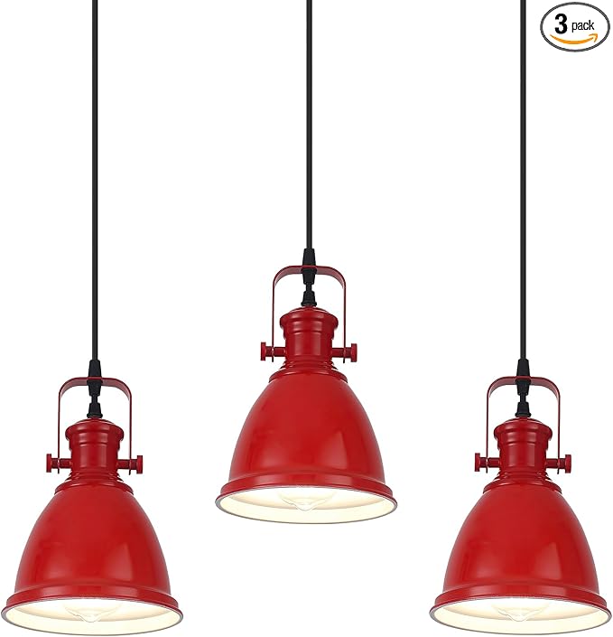 Red Pendant Lights Kitchen Island 3 Pack, Vintage Pendant Light, 6.5’’ Farmhouse Pendant Light Fixtures, Adjustable Height, Pendant Lighting for Dining Room, Living Room, Sink, Bar