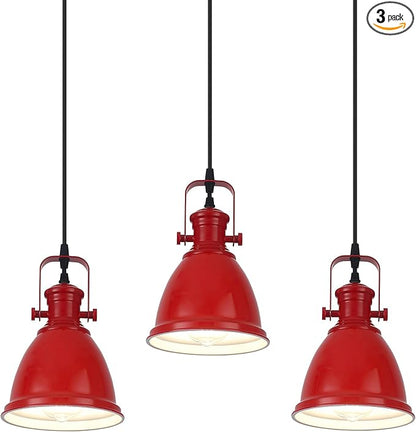 Red Pendant Lights Kitchen Island 3 Pack, Vintage Pendant Light, 6.5’’ Farmhouse Pendant Light Fixtures, Adjustable Height, Pendant Lighting for Dining Room, Living Room, Sink, Bar