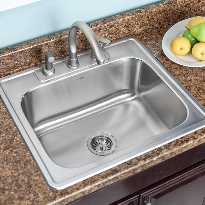 Houzer Glowtone Stainless Steel Kitchen Sink: 25 Inch Drop-in Topmount 3-Hole Single Bowl with Strainer, Durable & Versatile, Essential for Home & Apartment: 2522-9BS3-1