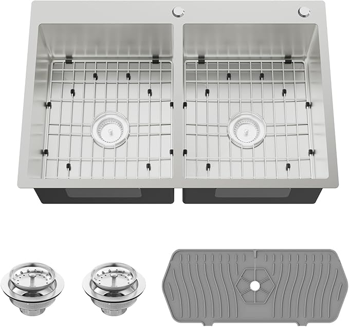 Stainless Steel 50/50 Double Bowl 33x22x9 Inch Drop In Kitchen Sink - Topmount Modern Style, Combo-Sink Grid, Silicon Mat, Drain Assembly