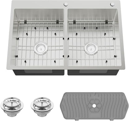 Stainless Steel 50/50 Double Bowl 33x22x9 Inch Drop In Kitchen Sink - Topmount Modern Style, Combo-Sink Grid, Silicon Mat, Drain Assembly