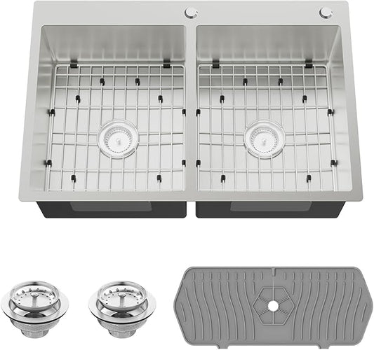 Stainless Steel 50/50 Double Bowl 33x22x9 Inch Drop In Kitchen Sink - Topmount Modern Style, Combo-Sink Grid, Silicon Mat, Drain Assembly