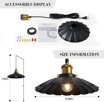 Plug in Hanging Light, Vintage Black 9.8 Inch Lampshade 14Ft Plug in Pendant Light for Dining Room and Living Room, Kitchen Island Retro On/Off Switch Hanging Lamp Fixtures