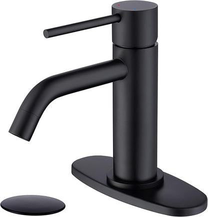 Matte Black Bathroom Faucet Single Hole, JXMMP Single Handle Bathroom Sink Faucets with Pop Up Drain and 6 inch Deck Plate and cUPC Water Supply Hose