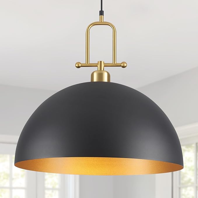 19.7" Large Dome Pendant Light - Black and Gold Pendant Light for Kitchen Island, Modern Industrial Lighting Fixtures for Dining Room, Foyer, Entryway, Hallway