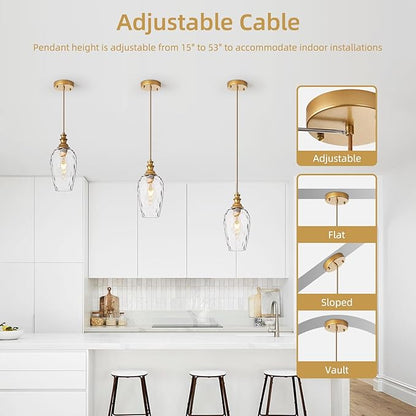 Pendant Lights Kitchen Island, Brushed Gold Modern Pendant Light Fixtures, Adjustable Cable Hanging Lighting with Hand-Blown Glass Shade & E26 Base for Bedroom, Hallway, Dining Room, 2 Pack