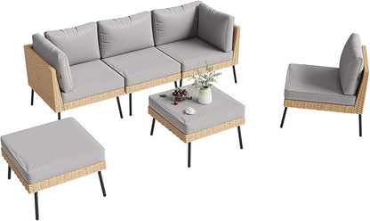 Aoxun 6-Piece Patio Furniture Set, Wicker Outdoor Furniture with Water Resistant Thick Cushions, Patio Conversation Set Outdoor Sectional Sofa with Coffee Table for Backyard Poolside, Light Grey