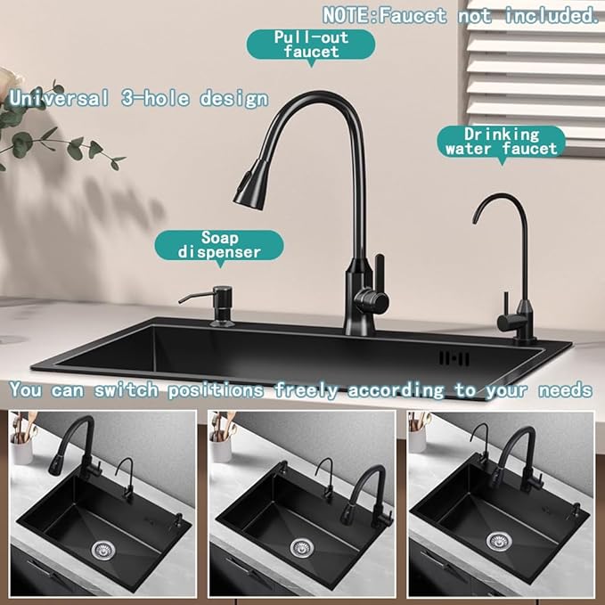 26.8 x 17.7 Inch Black Drop In Kitchen Sink,Stainless Steel Topmount Single Bowl Sink,Large Capacity Utility Workstation Sink With Soap dispenser & Drain Basket