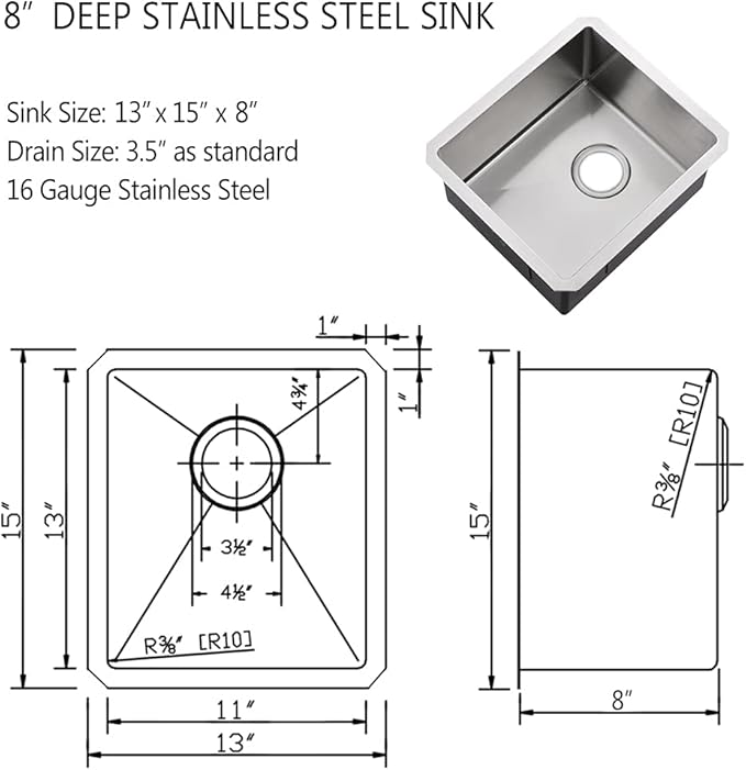 13 x 15 Inch Small Undermount Bar Sink Stainless Steel RV Sink 16 Gauge Single Bowl Wet Bar Kitchen Prep Sink