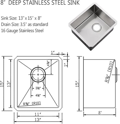 13 x 15 Inch Small Undermount Bar Sink Stainless Steel RV Sink 16 Gauge Single Bowl Wet Bar Kitchen Prep Sink
