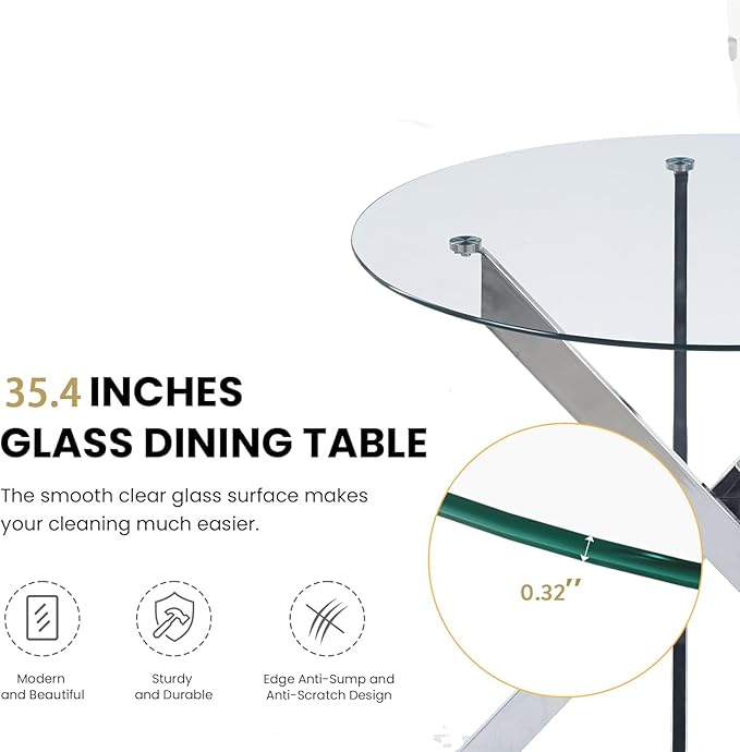 36'' Round Dining Table for 2-4, Round Dining Room Table for Small Space, Silver Glass Kitchen Table for 4, X-Shape Metal Legs