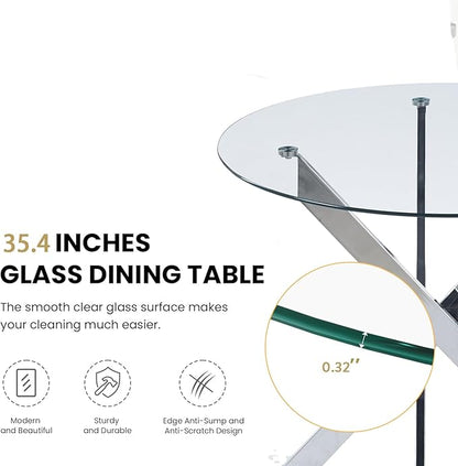 36'' Round Dining Table for 2-4, Round Dining Room Table for Small Space, Silver Glass Kitchen Table for 4, X-Shape Metal Legs