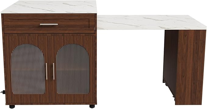 Expandable Kitchen Island with Dining Table, Modern Space Saving Kitchen & Dining Room Furniture, Sturdy Frame Construction, Easy Assembly Mobile Storage Cart,Walnut-MDF-DiningRoo