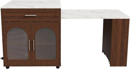 GOWE 80-inch Expandable Kitchen Island with Dining Table, Marble-Grain Countertop with Power Outlet, Mobile Storage Cart with Cabinet & 2 Drawers, Walnut Finish Kitchen Prep Table