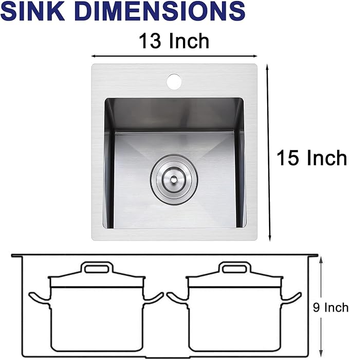 VAPSINT 13x15 Inch Drop In Bar Sink, 13 Inch Top Mount Stainless Steel Small Bar Sink, 16 Guage Handmade Single Bowl for Kitchen Wet Prep Outdoor RV with Grid & Drain Strainer