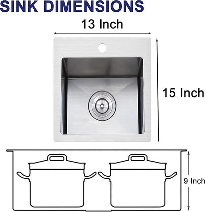 VAPSINT 13x15 Inch Drop In Bar Sink, 13 Inch Top Mount Stainless Steel Small Bar Sink, 16 Guage Handmade Single Bowl for Kitchen Wet Prep Outdoor RV with Grid & Drain Strainer