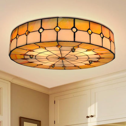 16" Vintage Stained Glass Flush Mount Ceiling Light, 3-Light Stained Glass Flush Mount Ceiling Pandent Light Fixture for Farmhouse Kitchen Island (Antique)