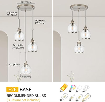 3-Light Island Light for Kitchen, Brushed Nickel Kitchen Island Hanging Pendant Light, Brushed Nickel Dining Room Light Fixture Over Table with Clear Round Glass Shade