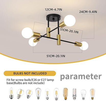Garwarm Semi Flush Mount Ceiling Light Fixture,4-Light Gold and Black Modern Sputnik Chandelier, mid Century Light Fixture for Kitchen Dining Room Bedroom Foyer Entryway Hallway Closet