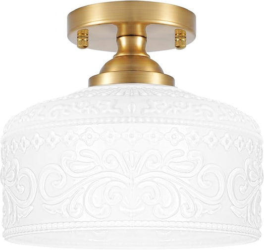 Daunton Artistic Gold Handcrafted Semi Flush Mount Ceiling Light - 12 Inch Vintage White Glass Shade with Etched Patterns, Easy Install Small Ceiling Light Fixture for Hallway, Kitchen, Bedroom