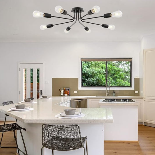 Vintage 8 Light Ceiling Light Industrial Metal Black Sputnik Semi Flush Mount Light for Dining Room Living Room Kitchen