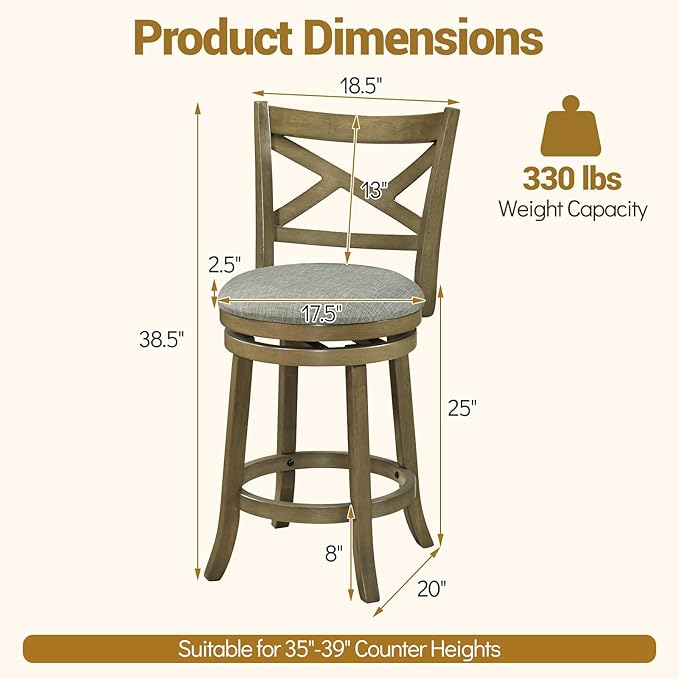 Giantex Wood Swivel Bar Stools Set of 2, 25" Upholstered Counter Height Bar Stools with X Back, Linen Cushioned Seat, Farmhouse Armless Wooden Barstools for Kitchen Island Dining Room, Grey