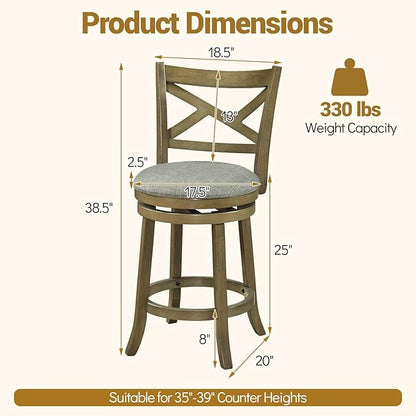 Giantex Wood Swivel Bar Stools Set of 2, 25" Upholstered Counter Height Bar Stools with X Back, Linen Cushioned Seat, Farmhouse Armless Wooden Barstools for Kitchen Island Dining Room, Grey