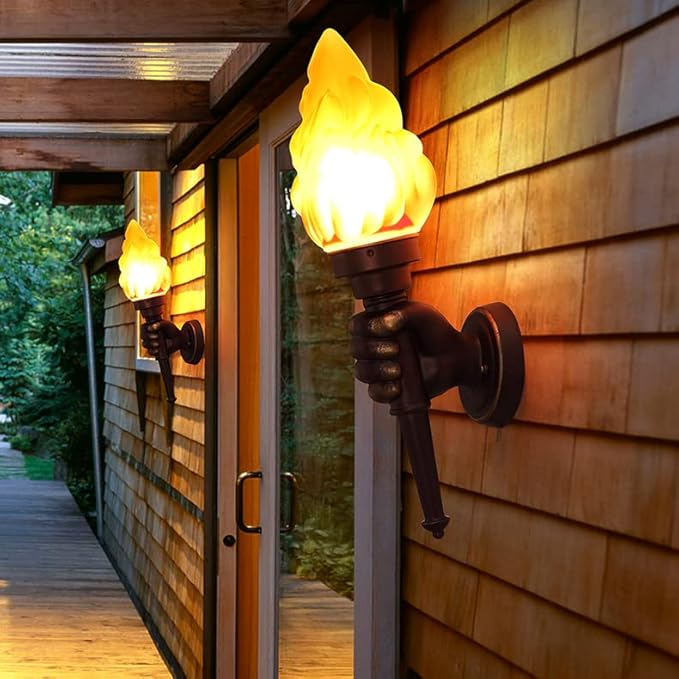 Retro Outdoor Waterproof Wall Lights Fixture Holding Torch Wall Lamp Right Torchbearer Hand Light Glass Lampshade E27 LED Bulb 7W Industrial Style,Bronze,3000K(1Pcs)