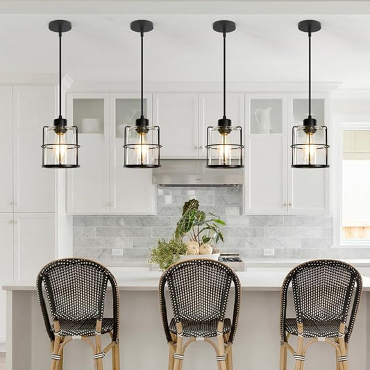 Farmhouse Pendant Lights Kitchen Island Set Of 2, Black Kitchen Island Lighting With Adjustable Rods, Industrial Cage Bathroom Pendant Lights With Clear Glass For Dining Room Hallway Sink