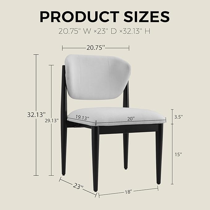 Casaphoria Dining Chairs Set of 2, Solid Black Wood Legs Upholstered Kitchen Chairs, Mid Century Modern Ergonomic Curved Back Accent Chair for Dining Room, Home Office and Vanity, White
