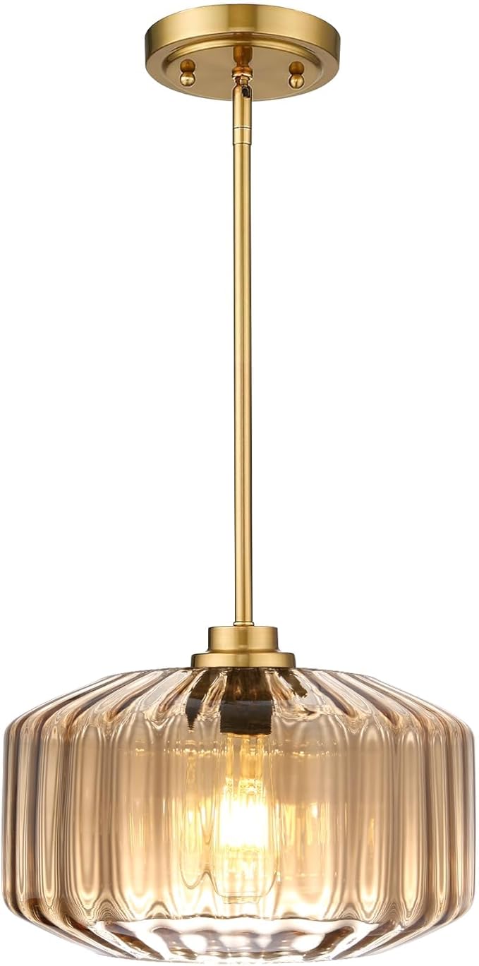 Modern Gold Pendant Light Mid-Century Chandelier for Dining Room, Amber Stripe Glass Shade, Adjustable Height Hanging Lamp for Breakfast Nook Bedroom Dining Room Living Room