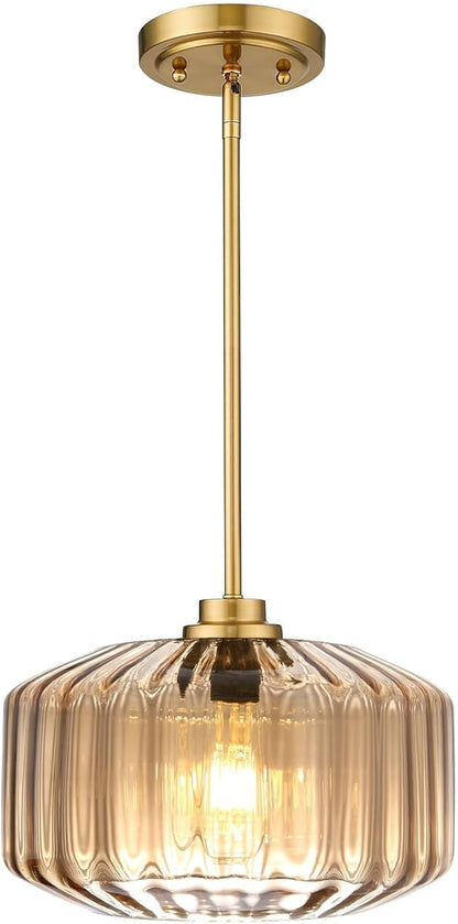 Modern Gold Pendant Light Mid-Century Chandelier for Dining Room, Amber Stripe Glass Shade, Adjustable Height Hanging Lamp for Breakfast Nook Bedroom Dining Room Living Room