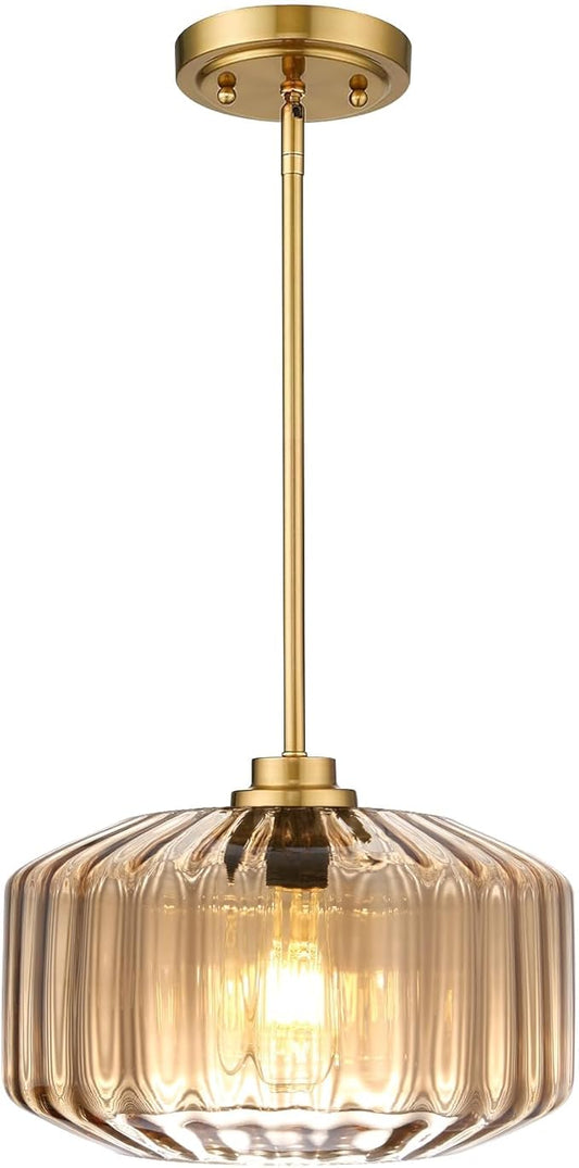 Modern Gold Pendant Light Mid-Century Chandelier for Dining Room, Amber Stripe Glass Shade, Adjustable Height Hanging Lamp for Breakfast Nook Bedroom Dining Room Living Room
