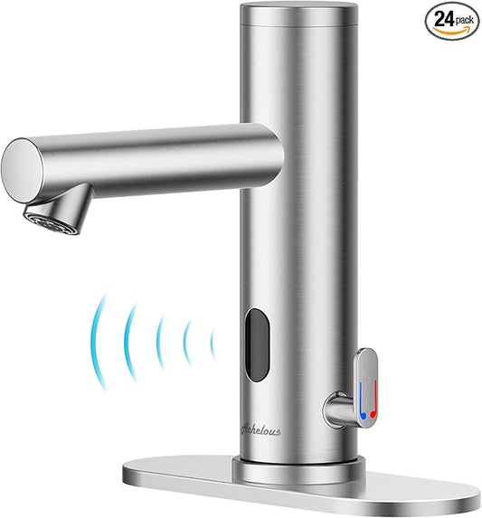Achelous Stainless Steel Automatic Touchless Bathroom Sink Faucet, Hands Free Infrared Sensor Basin Faucet with Temperature Control, Battery Powered Sensor Bathroom Tap Brushed Nickel