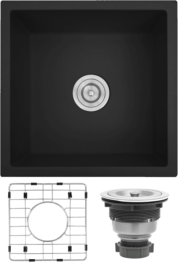 Rhbamoa Black Bar Sink Granite Composite,15''x15'' Matte Black Bar Sink Undermount,15 inch Small Single Bowl Quartz Kitchen Sinks with Accessories