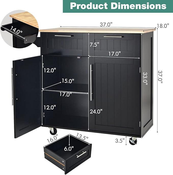 Giantex Kitchen Island Cart, Rolling Island Table with Rubber Wood Tabletop, 2 Drawers, Storage Cabinet & Towel Rack, Bar Kitchen Cart On Wheels for Dining Room (Black)