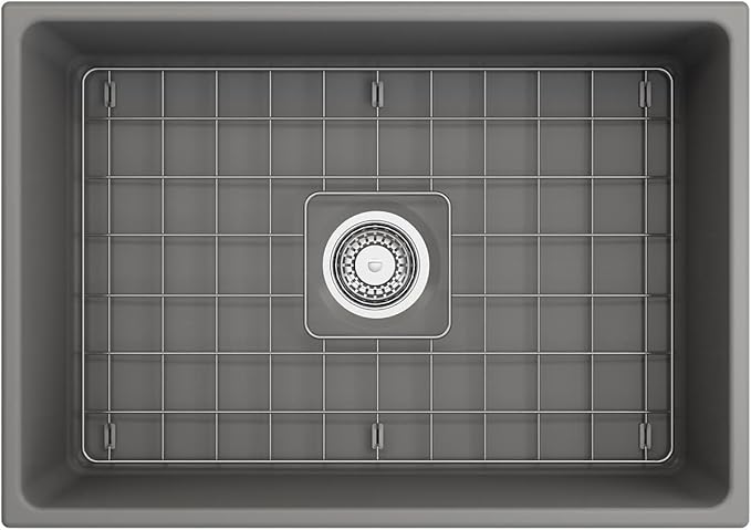BOCCHI Contempo Farmhouse Apron Front Fireclay 27 in. Single Bowl Kitchen Sink with Protective Bottom Grid and Strainer in Matte Gray