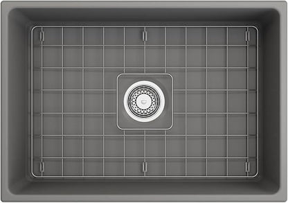 BOCCHI Contempo Farmhouse Apron Front Fireclay 27 in. Single Bowl Kitchen Sink with Protective Bottom Grid and Strainer in Matte Gray