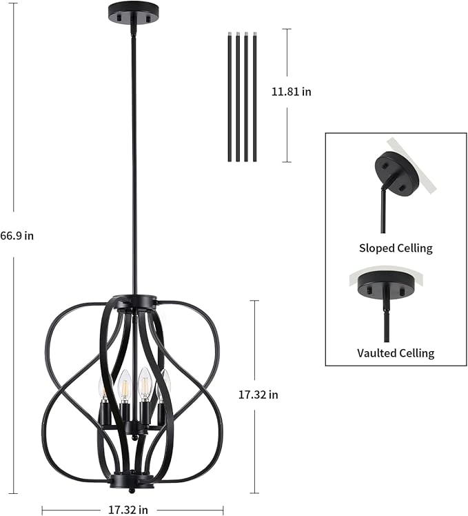 Black Chandelier 4 Light Industrial Dining Room Light Fixture 18'' Modern Farmhouse Contemporary Chandelier Hanging Pendant Light Fixture Entryway Chandelier for Foyer,Kitchen,Living Room,Bedroom