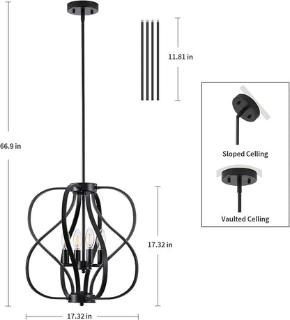 Black Chandelier 4 Light Industrial Dining Room Light Fixture 18'' Modern Farmhouse Contemporary Chandelier Hanging Pendant Light Fixture Entryway Chandelier for Foyer,Kitchen,Living Room,Bedroom