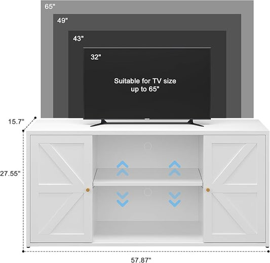 LCAOPC Metal TV Stand for 65 Inch TV, Farmhouse TV Entertainment Center with Storage Cabinets and Adjustable Shelves, Modern Media TV Console Table, TV Cabinet for Living Room, White