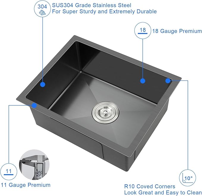 MENATT 24 Inch Undermount Single Bowl Kitchen Sink, SUS304 Stainless Steel Handmade Kitchen Sink Undermount Black, 24"x18"x9"