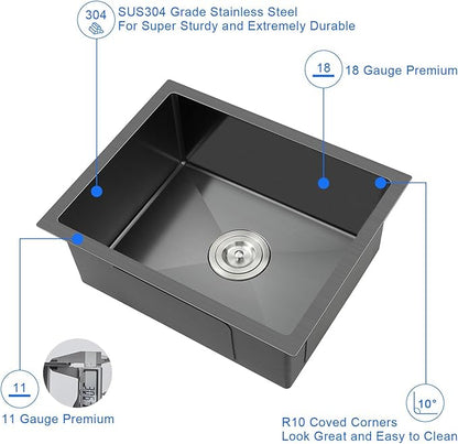 MENATT 24 Inch Undermount Single Bowl Kitchen Sink, SUS304 Stainless Steel Handmade Kitchen Sink Undermount Black, 24"x18"x9"