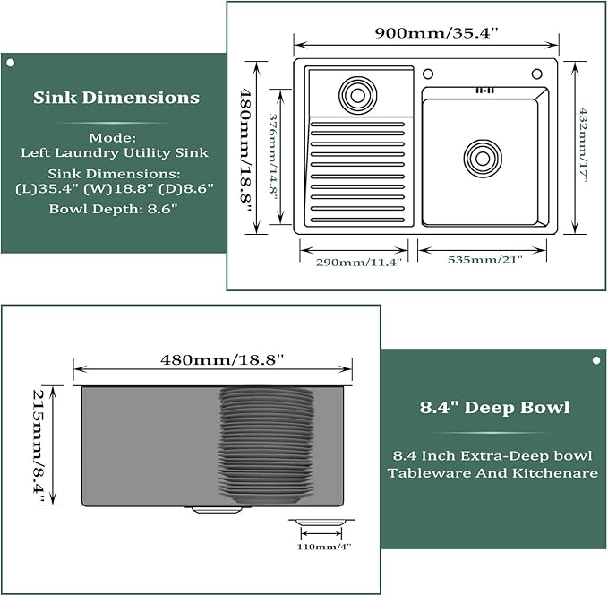Laundry Utility Sink With Washboard Stainless Steel Kitchen Sink Household Pool Balcony Room Wash Basin Easy Clean Double-Bowl 900mm/35.4Inch