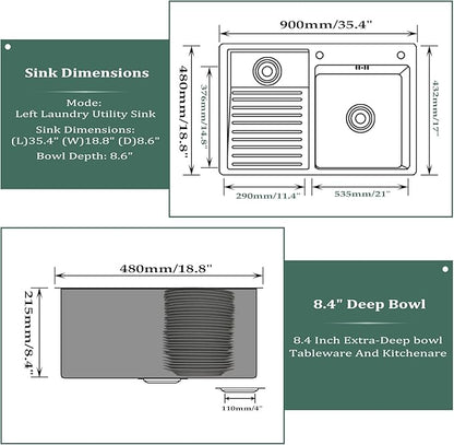 Laundry Utility Sink With Washboard Stainless Steel Kitchen Sink Household Pool Balcony Room Wash Basin Easy Clean Double-Bowl 900mm/35.4Inch
