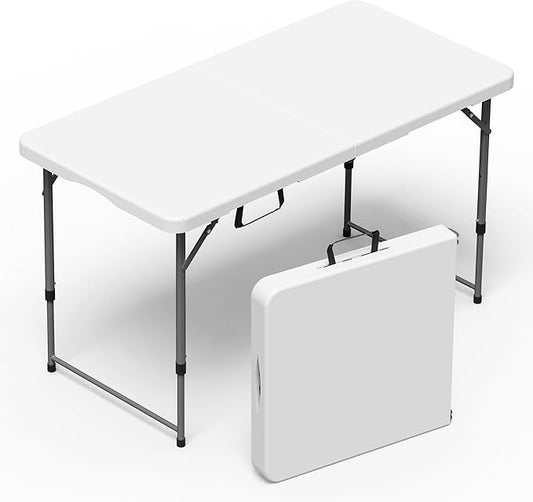 Folding Table 4 Foot for Indoor Outdoor, Portable Heavy Duty Fold-in-Half Utility Small Plastic Adjustable Height Folding with Carrying Handle for Picnic and Party, White