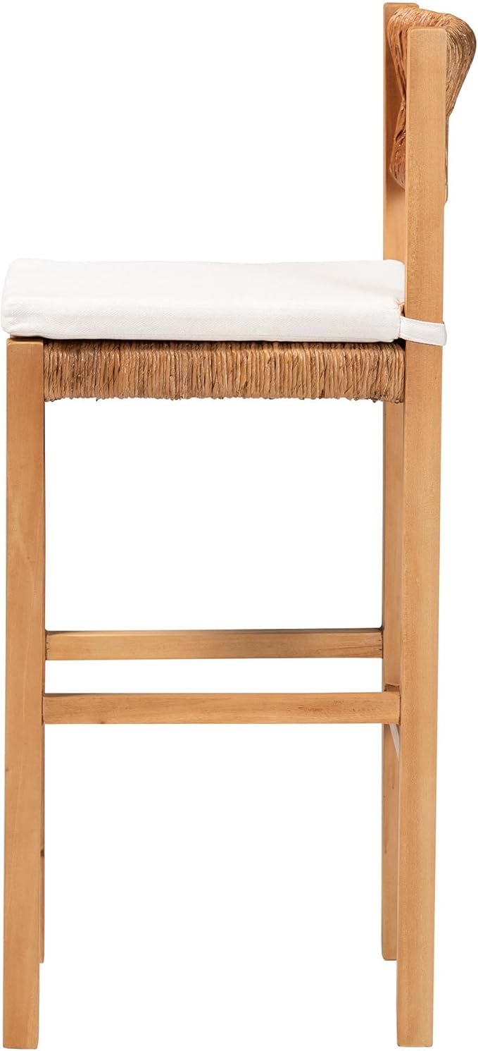 Bali & pari Pava Woven Seagrass Bar Stool - Solid Mahogany Wood Stool with Textured Back, Coastal Boho Seating for Kitchen or Lounge, Bar Height