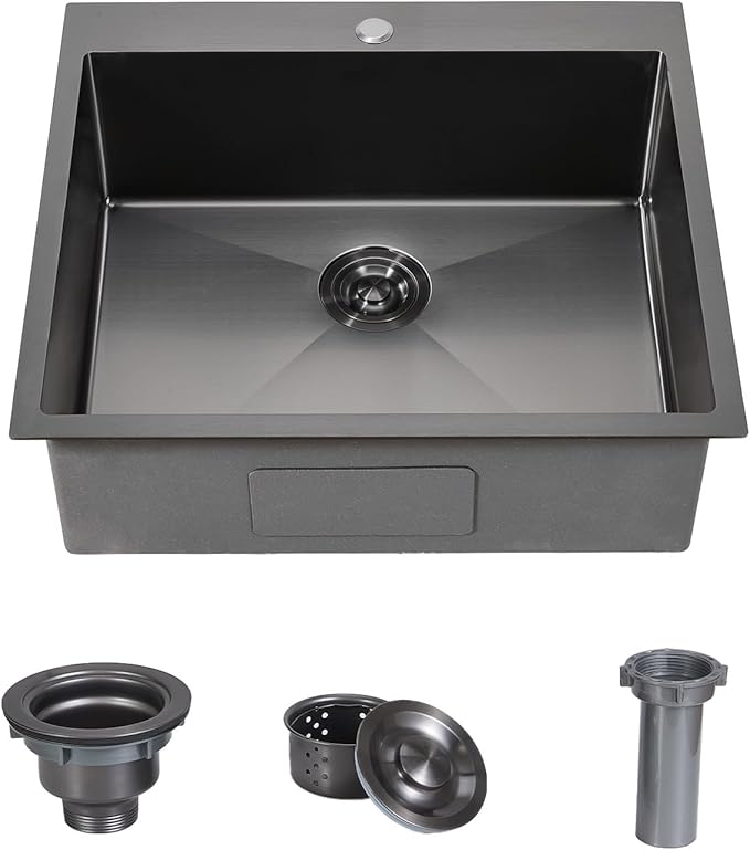 Friho 25x22 Inch Black Drop In Kitchen Sink, Stainless Steel Square RV Laundry Utility Sink, 25 Inch Topmount Deep Small Single Bowl Kitchen Sink